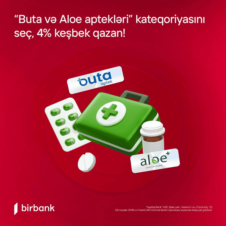 "Buta və Aloe aptekləri" kateqoriyası 4% keşbek qazandırır