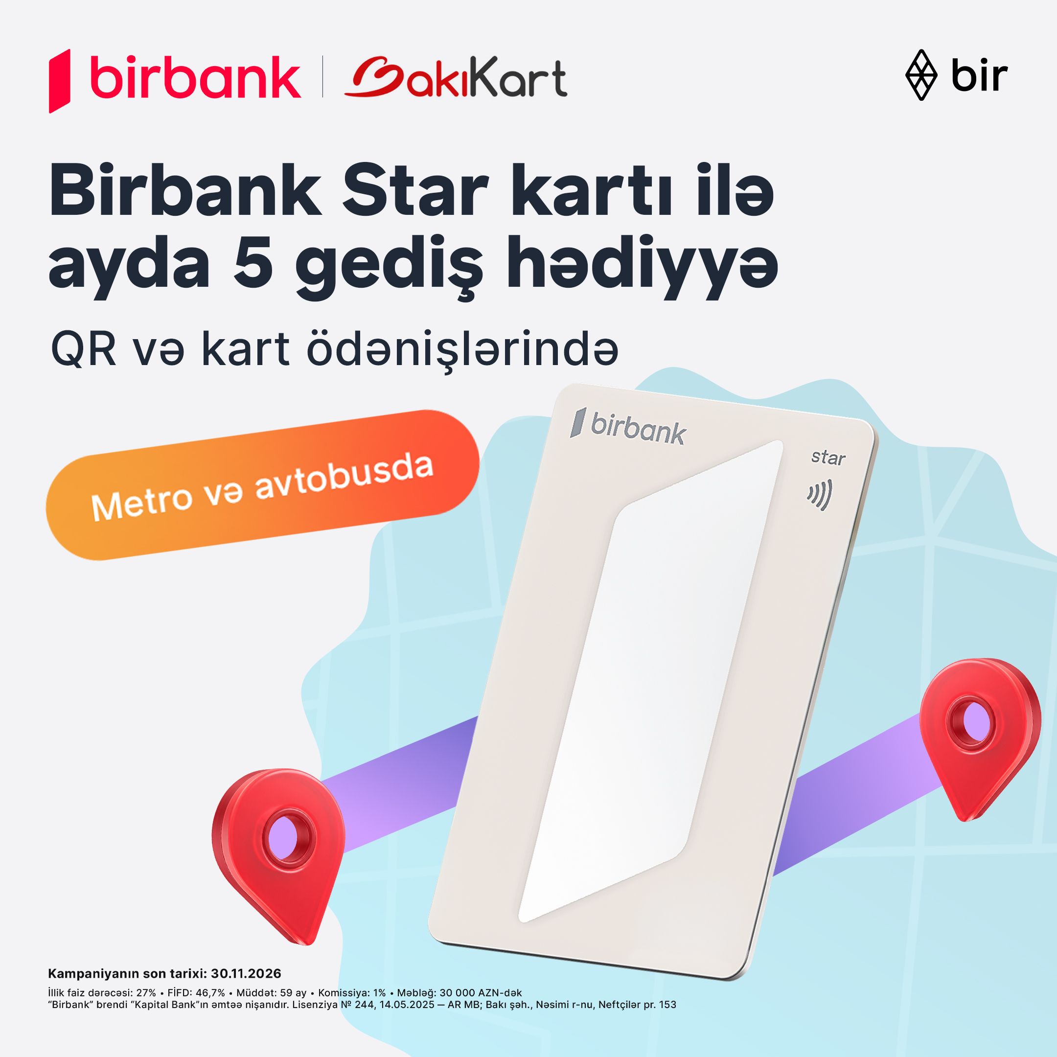 Birbank Star ilə hər ay 5 gediş hədiyyə!