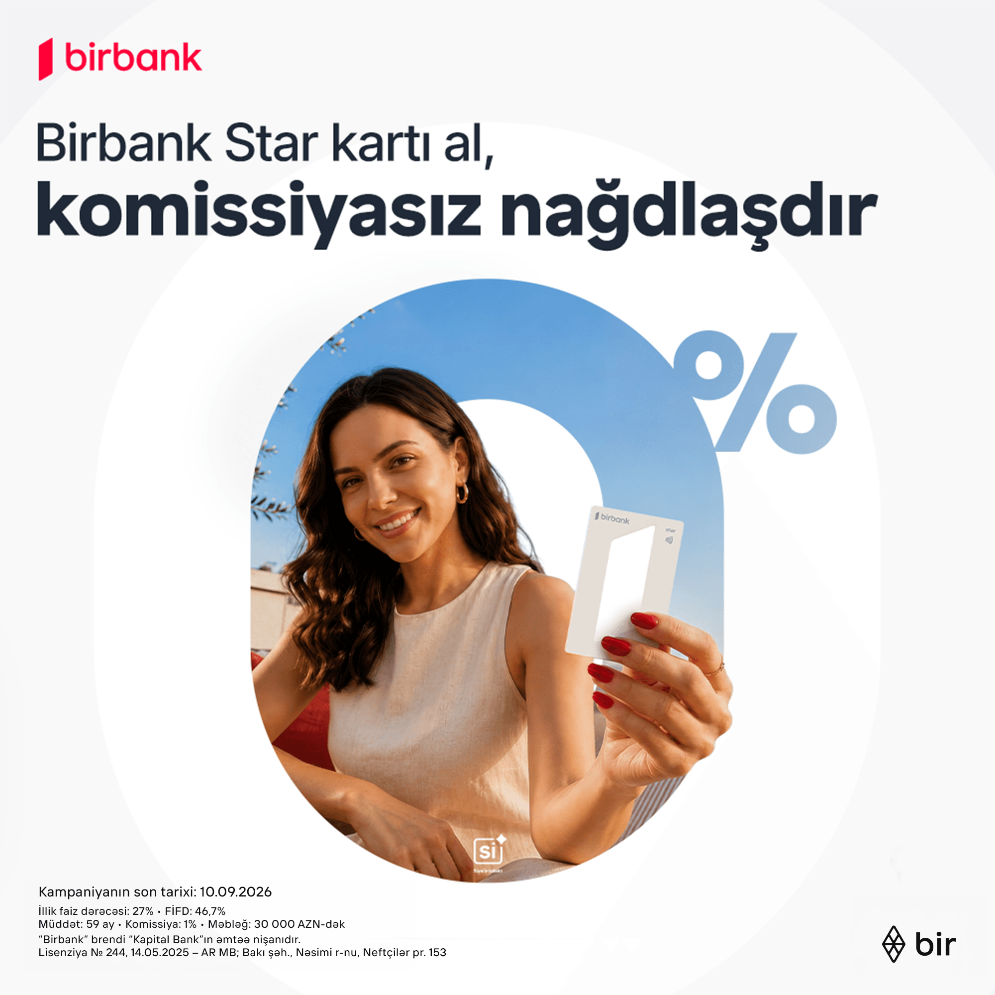 Birbank Star kartı al, komissiyasız nağdlaşdır