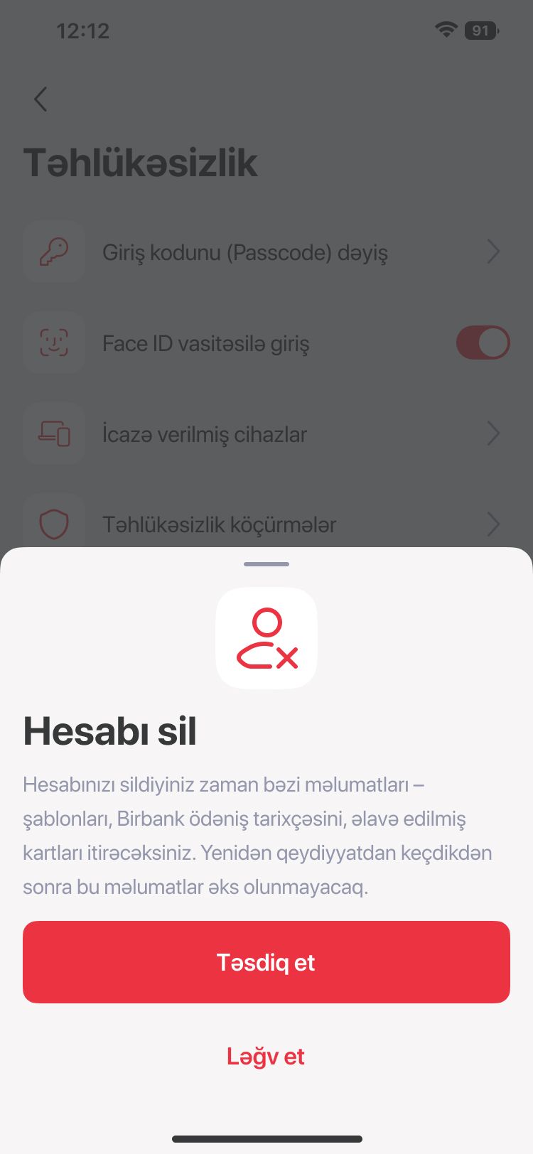 “Hesabı silmək” düyməsinə kliklədikdən sonra açılan pəncərədə "Təsdiq et" düyməsinə toxun